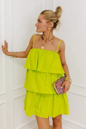 All The Attention Tiered Mini Dress In Lime Punch