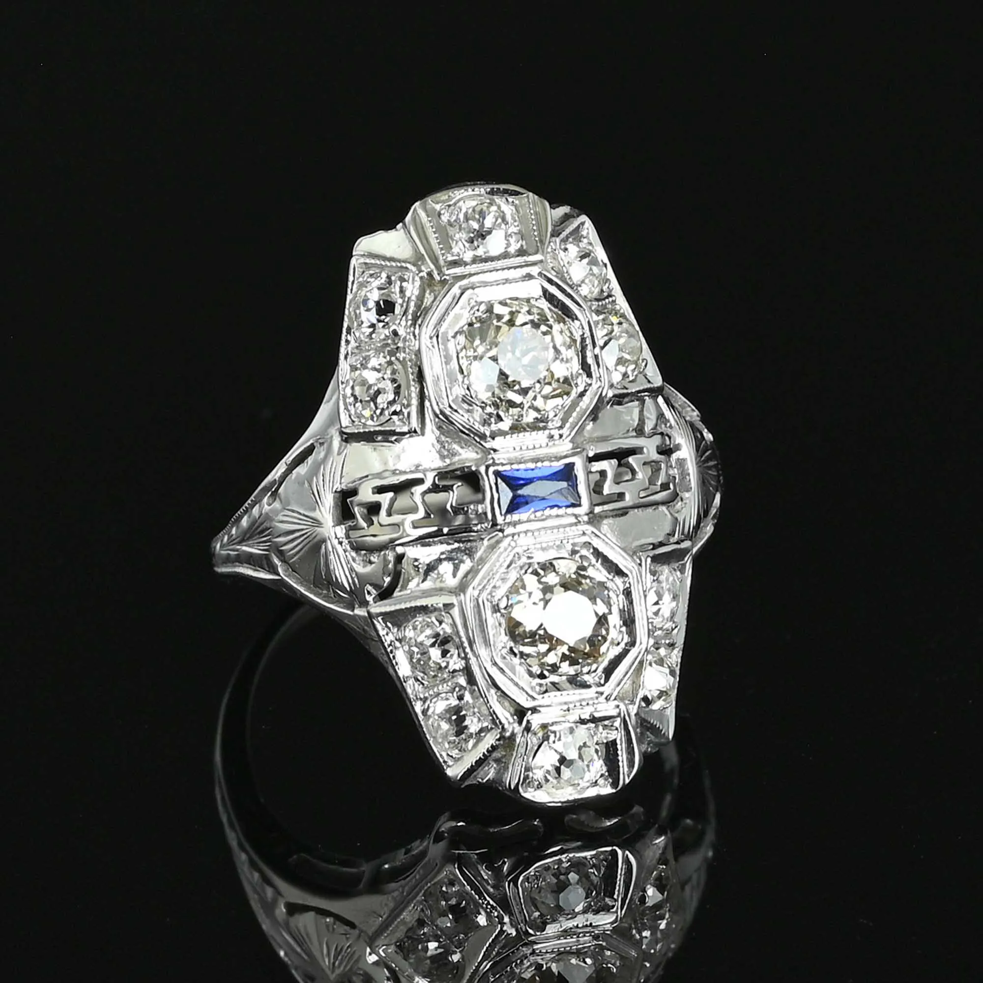 Antique Art Deco Sapphire Diamond Ring in 18K White Gold