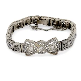 Art Deco Diamond Sapphire 14K White Gold Filigree Bracelet