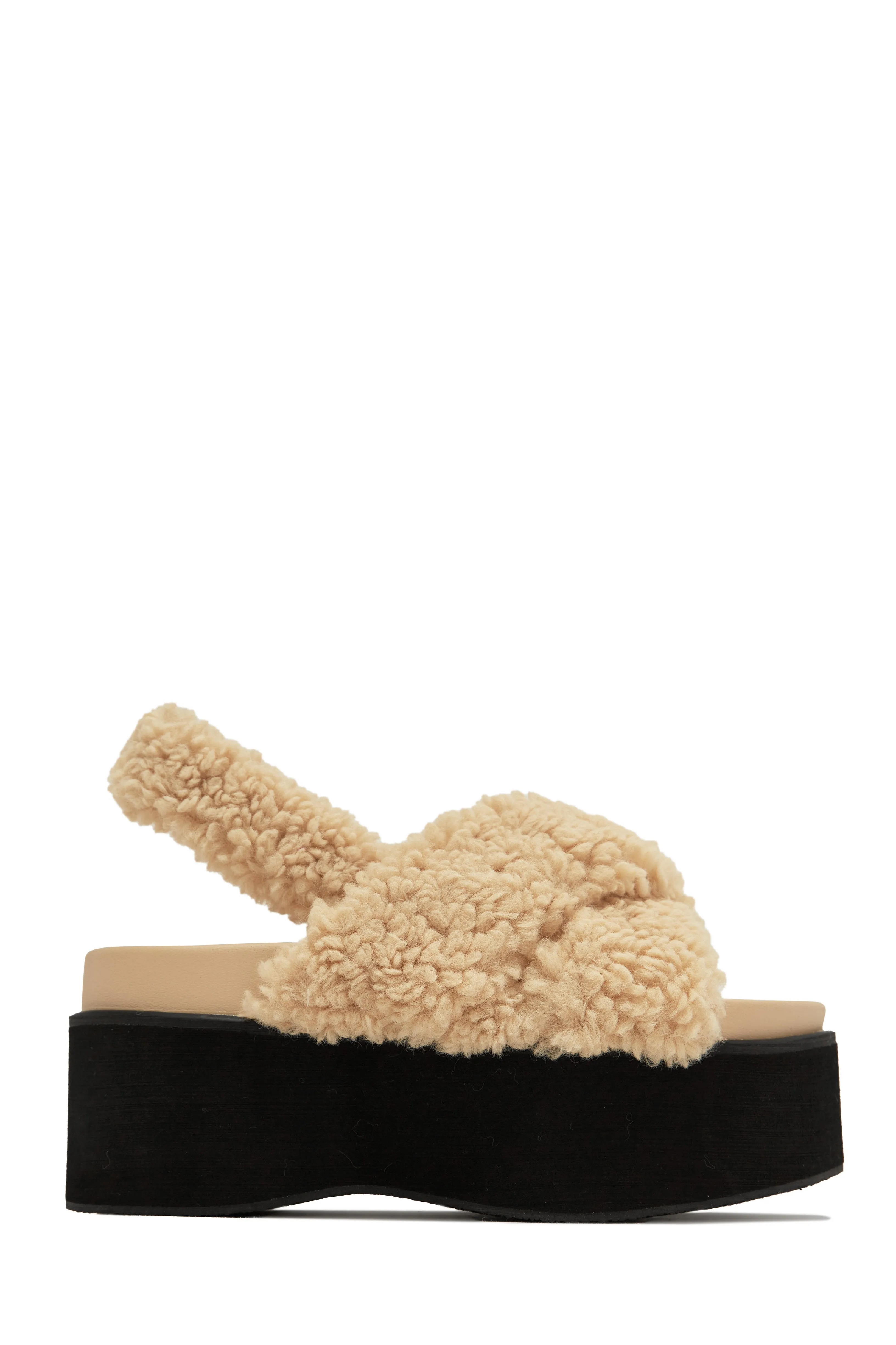 Autumn's Calling Faux Sherpa Platform Sandals - Nude