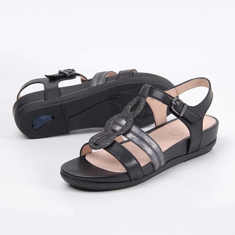 Bohemian Style Sandals Genuine Leather Chunky Buckle Summer Shoes in Golden/Black