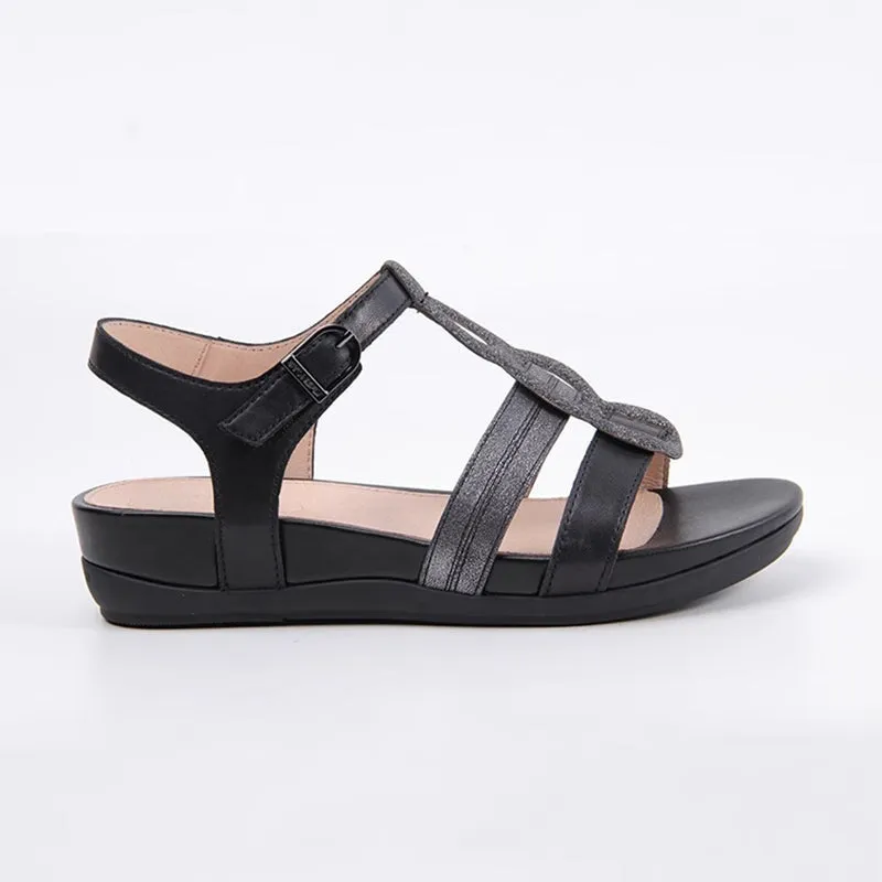 Bohemian Style Sandals Genuine Leather Chunky Buckle Summer Shoes in Golden/Black