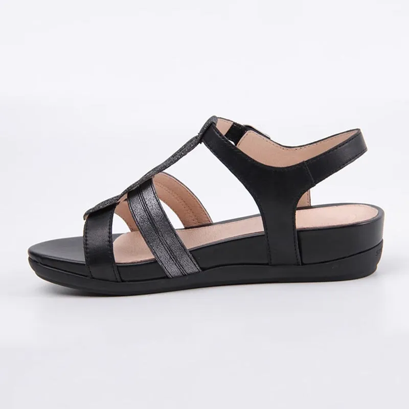 Bohemian Style Sandals Genuine Leather Chunky Buckle Summer Shoes in Golden/Black