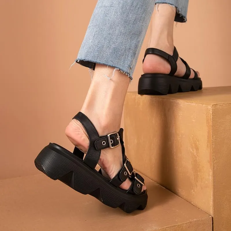 Chunky Sandals Gladiator Women Cow Leather Multi Buckles Ankle Strap Platform Ladies Casual Shoes Handmade 38168