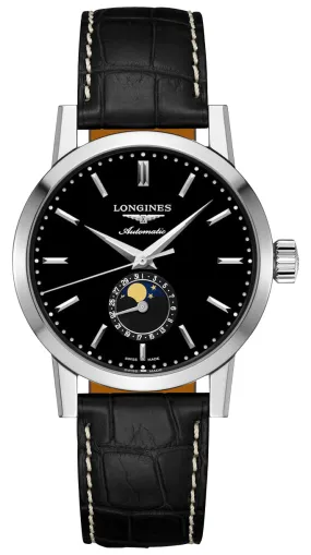 Longines Heritage Classic 1832 Automatic Stainless Steel Black Dial Black Leather Strap Date Moonphase Mens Watch L4.826.4.52.0