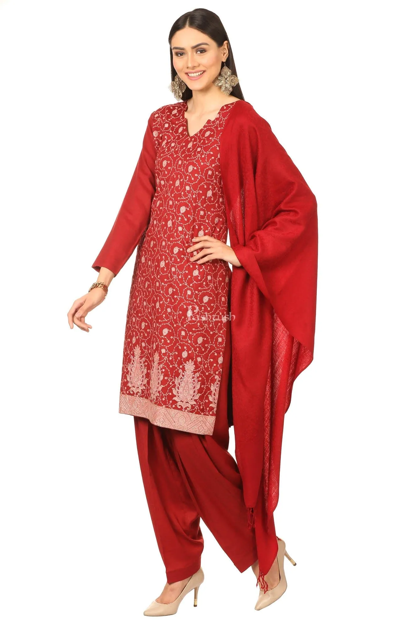 Pashtush Embroidery Suit, Fine Wool (Unstitched) -  Maroon