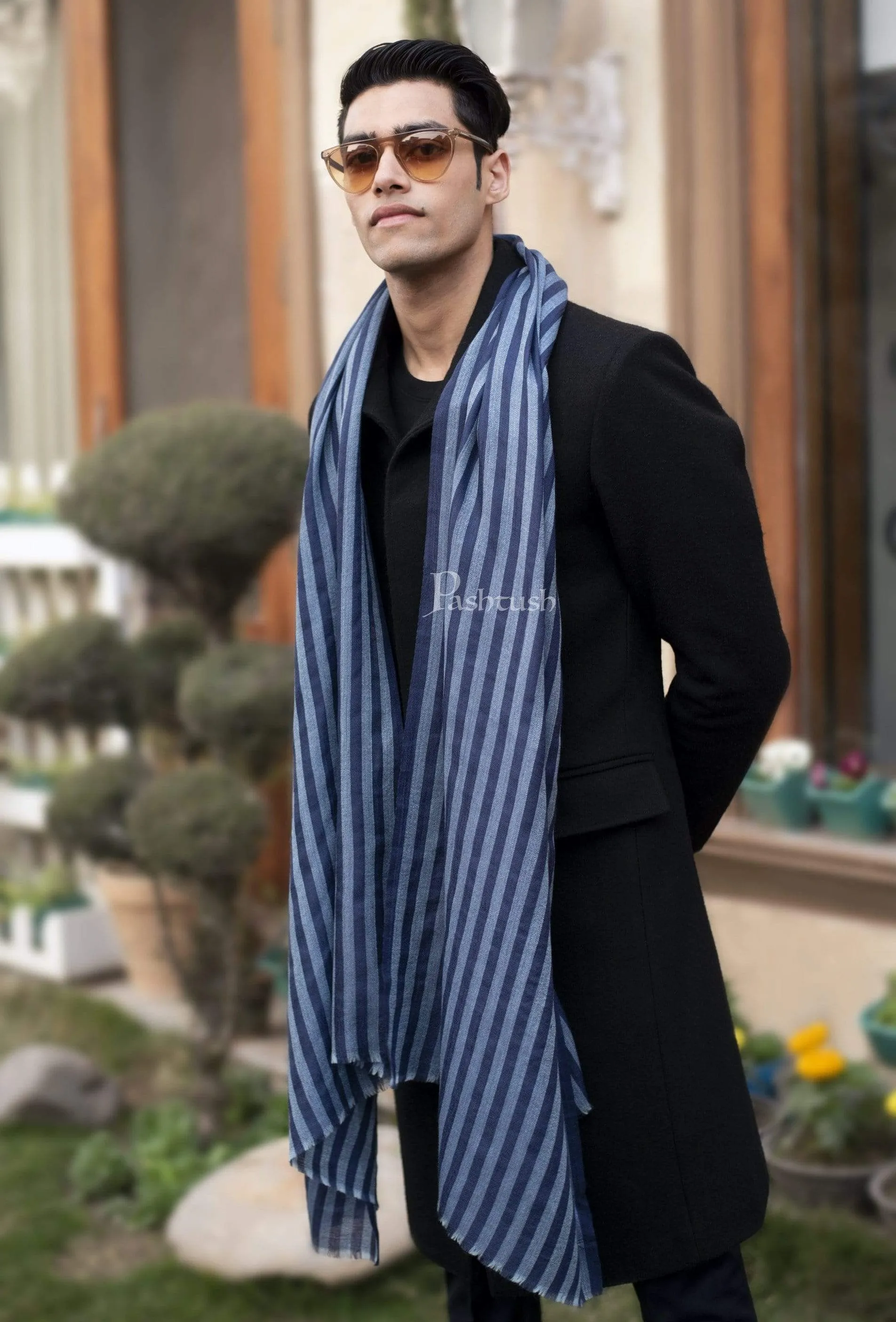 Pashtush Mens Cashmere And Wool Scarf, Striped Cobalt Blue