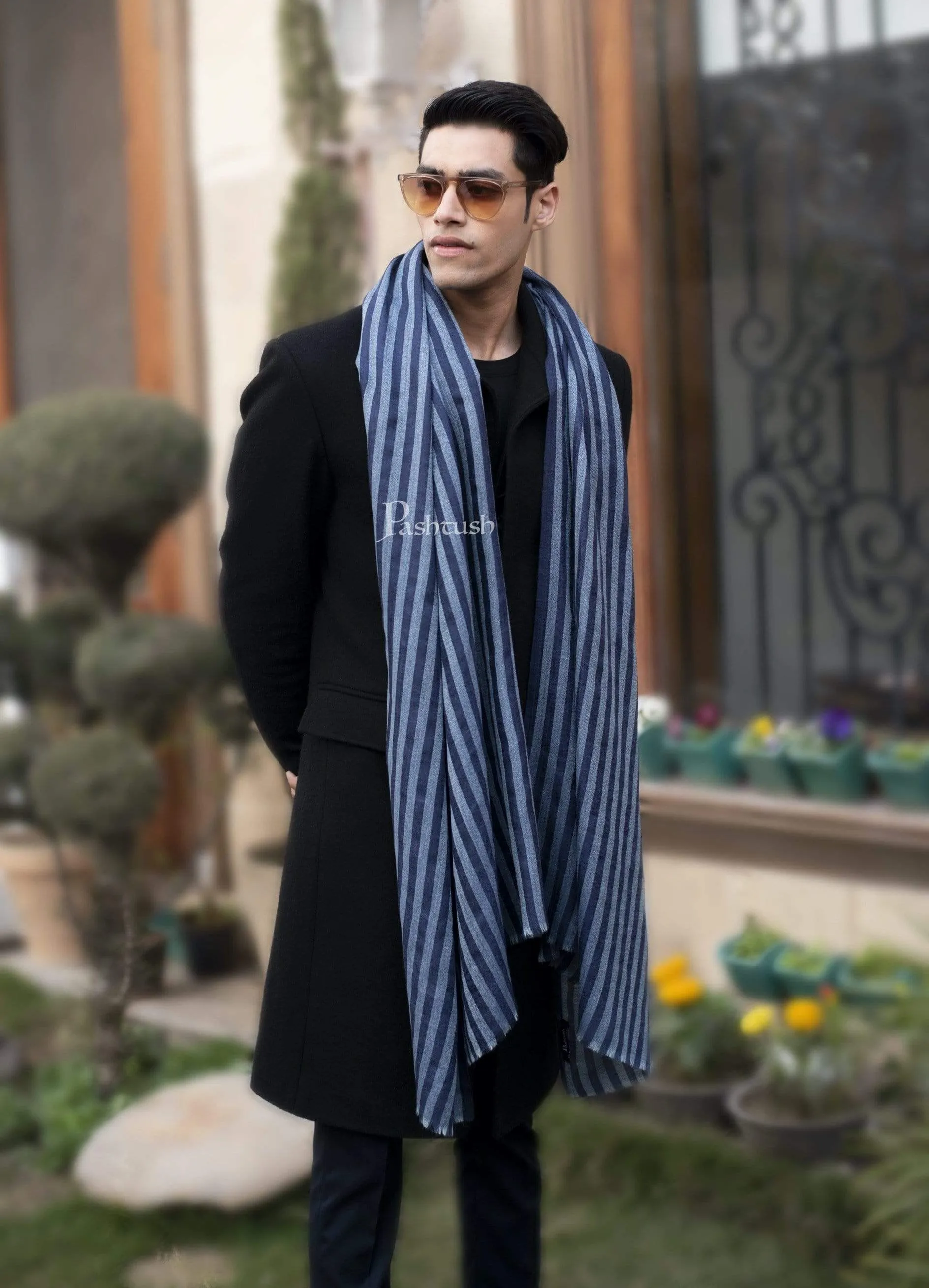 Pashtush Mens Cashmere And Wool Scarf, Striped Cobalt Blue