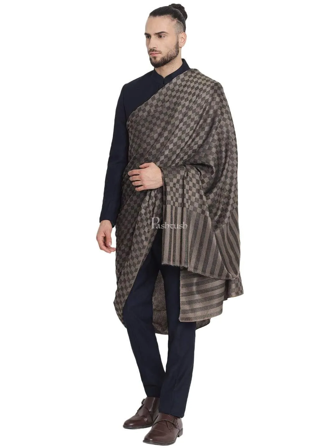 Pashtush Mens Extra Fine Wool Shawl, Soft And Warm, Black, Chess Checks.