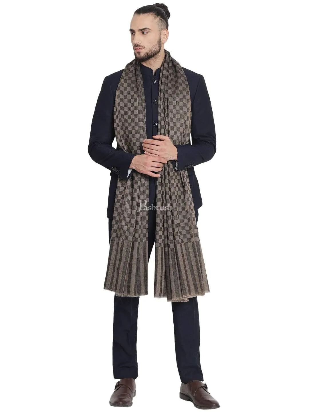 Pashtush Mens Extra Fine Wool Shawl, Soft And Warm, Black, Chess Checks.