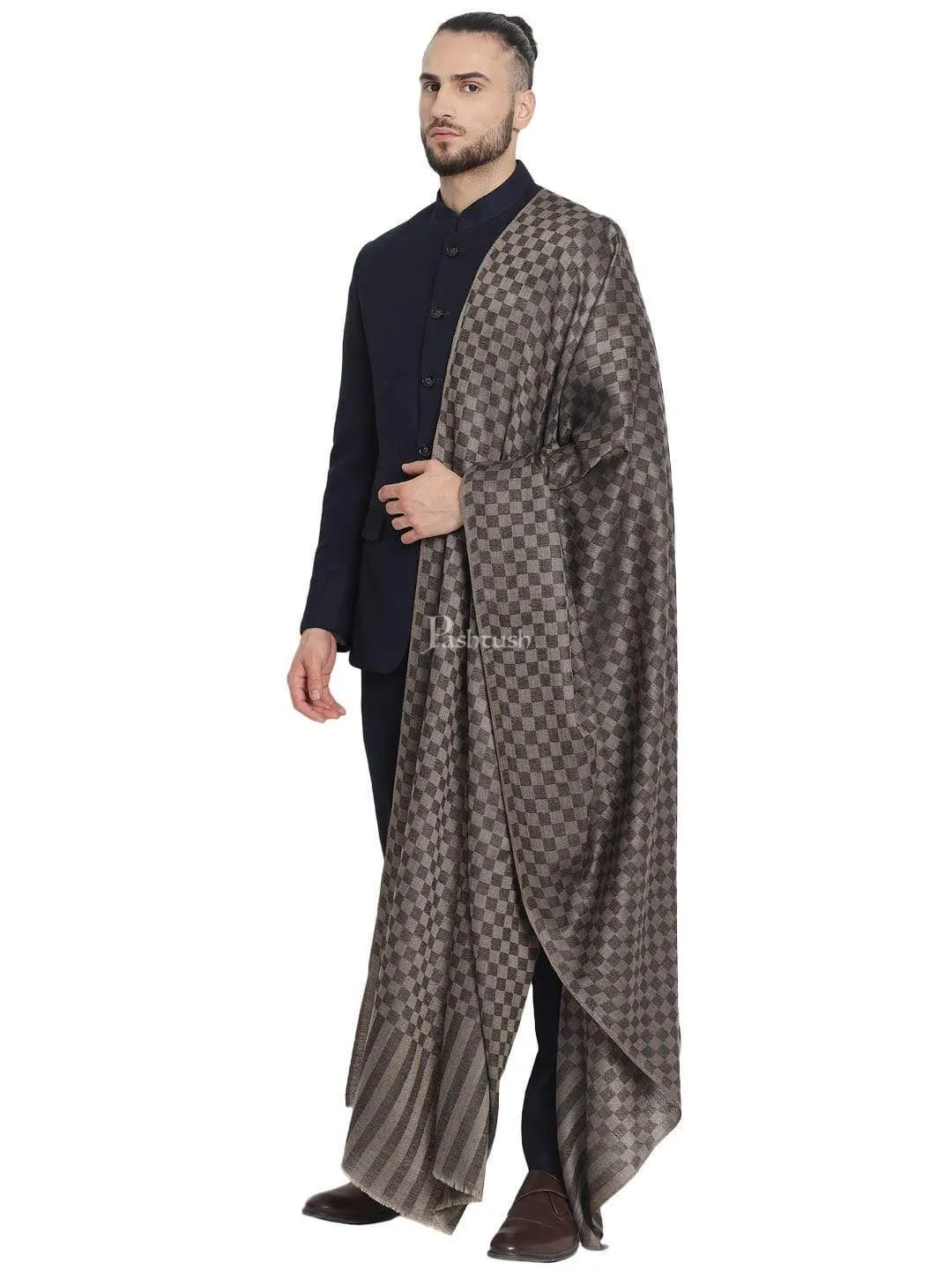 Pashtush Mens Extra Fine Wool Shawl, Soft And Warm, Black, Chess Checks.