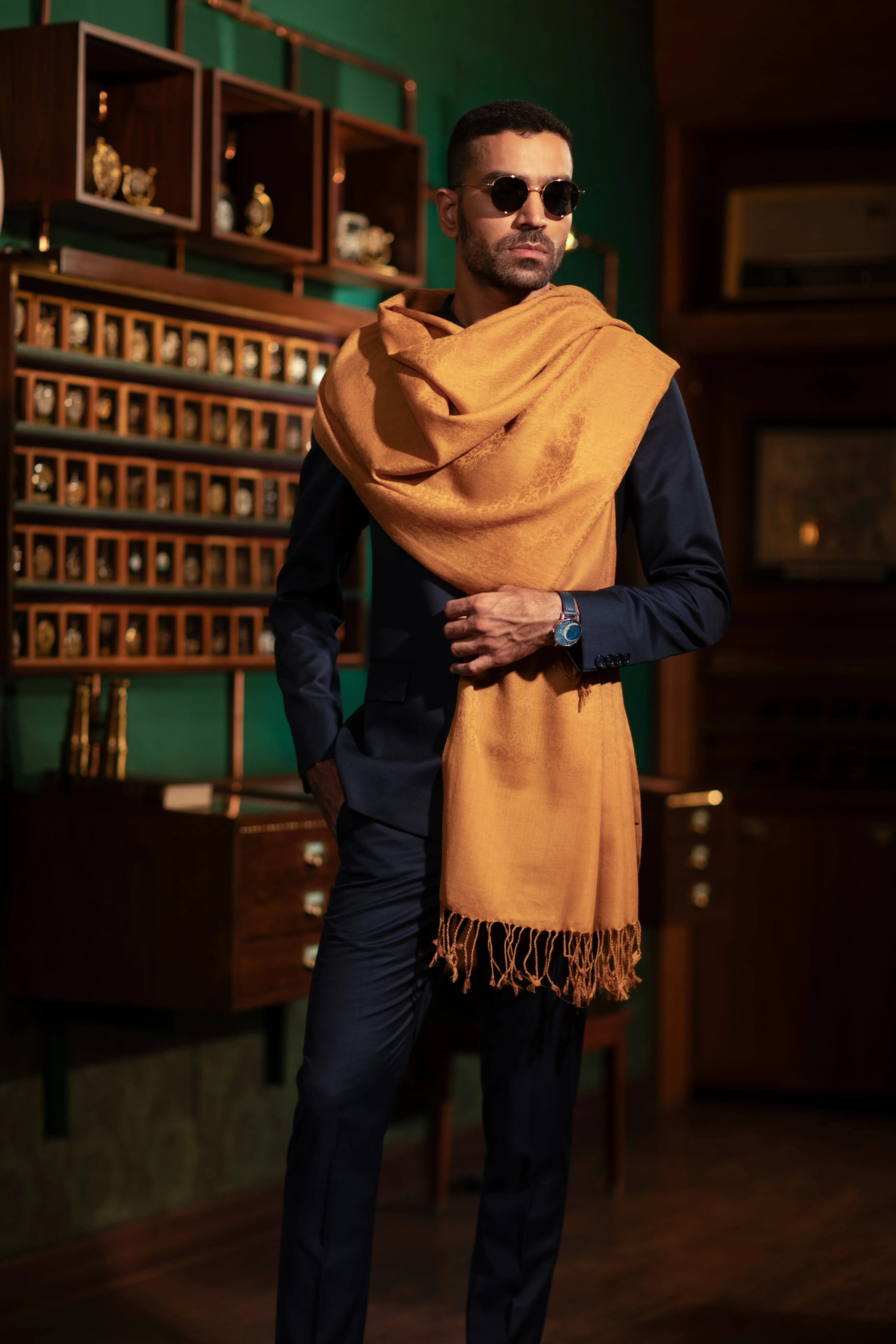 Pashtush Mens Extra Fine Wool Stole, Solid Colour, Mustard