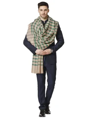 Pashtush Mens Fine Wool Checkered Stole, Green And Beige