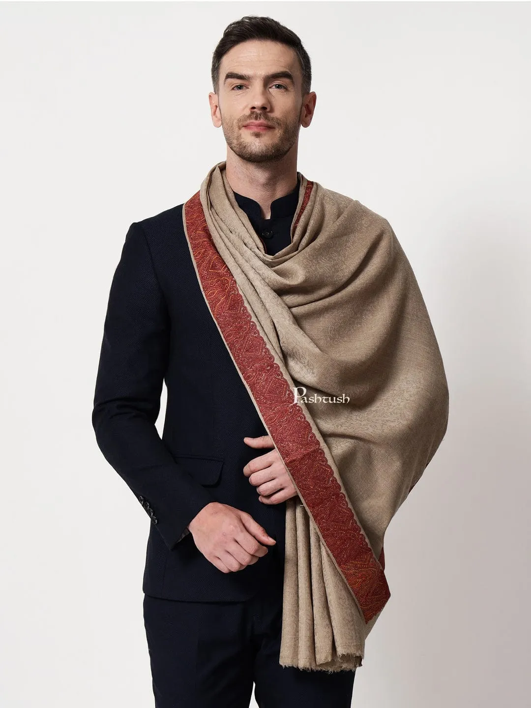 Pashtush mens Fine Wool shawl, border design, Beige