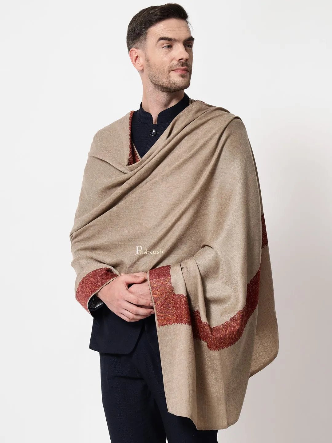 Pashtush mens Fine Wool shawl, border design, Beige