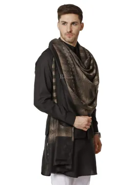 Pashtush Mens Fine Wool Stole, Ikkat Design, Taupe And Black