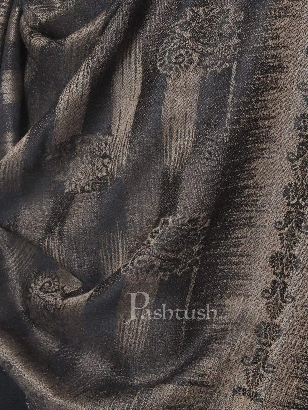 Pashtush Mens Fine Wool Stole, Ikkat Design, Taupe And Black