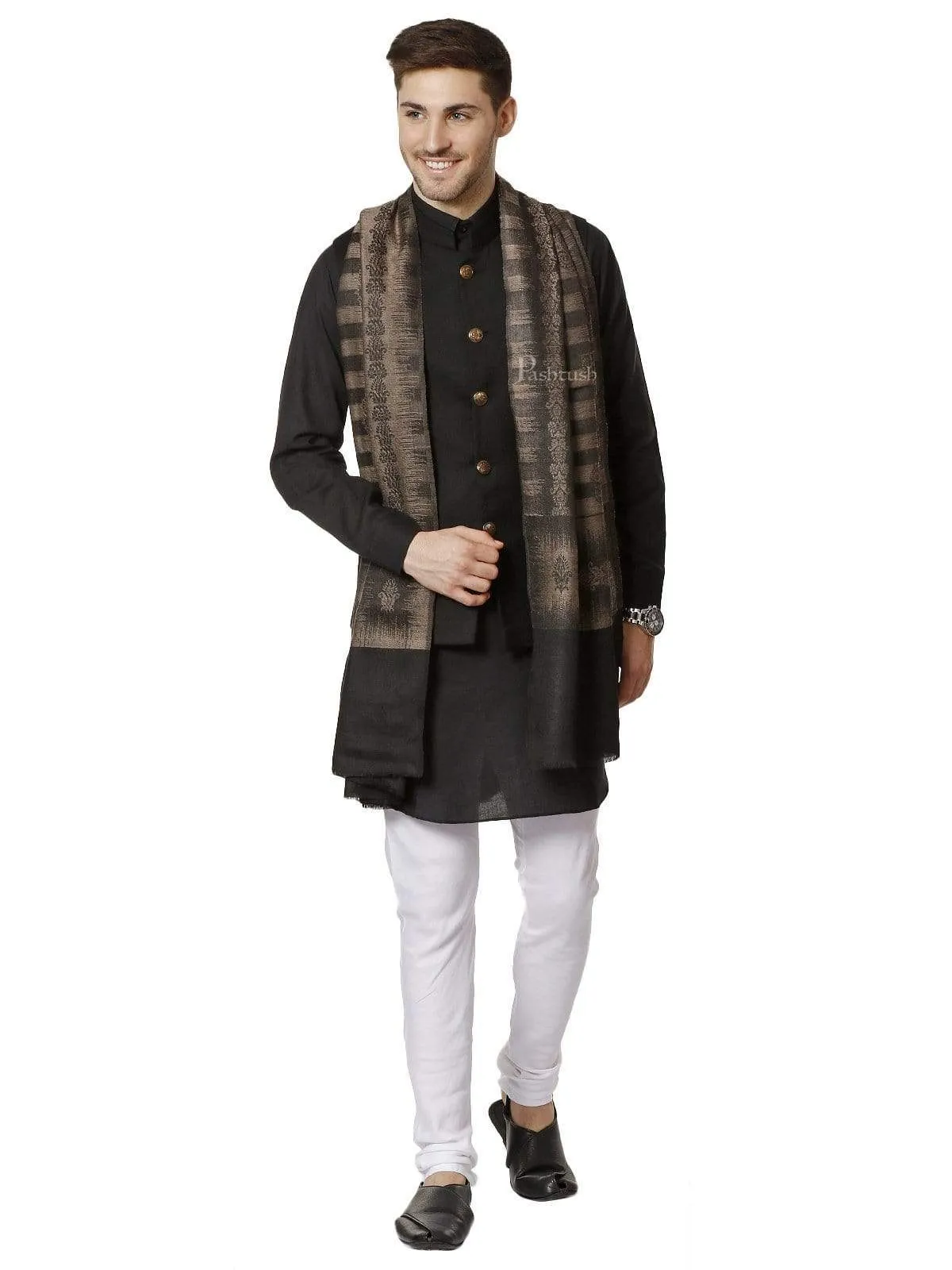 Pashtush Mens Fine Wool Stole, Ikkat Design, Taupe And Black