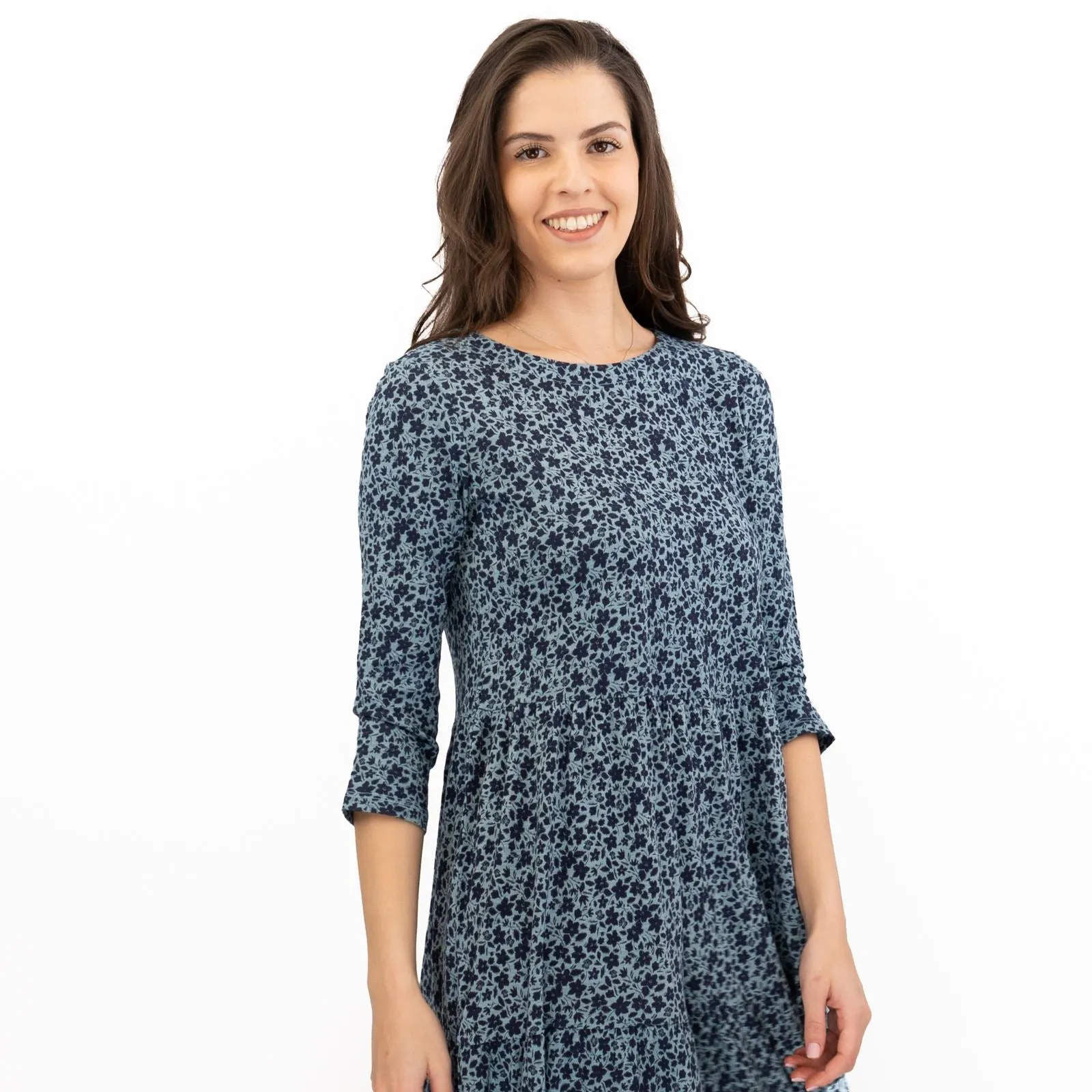 Seasalt Womens Blue Floral Jersey Line Strokes Dress 3/4 Sleeves