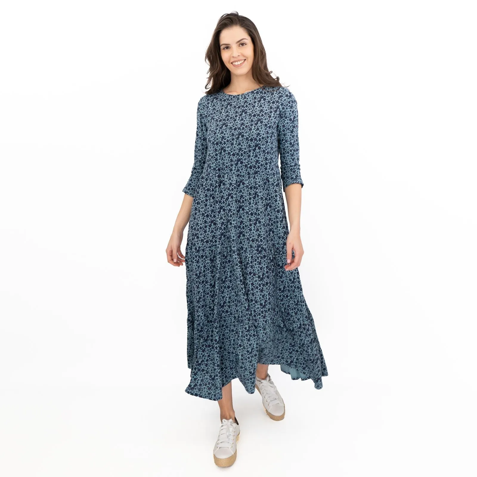 Seasalt Womens Blue Floral Jersey Line Strokes Dress 3/4 Sleeves