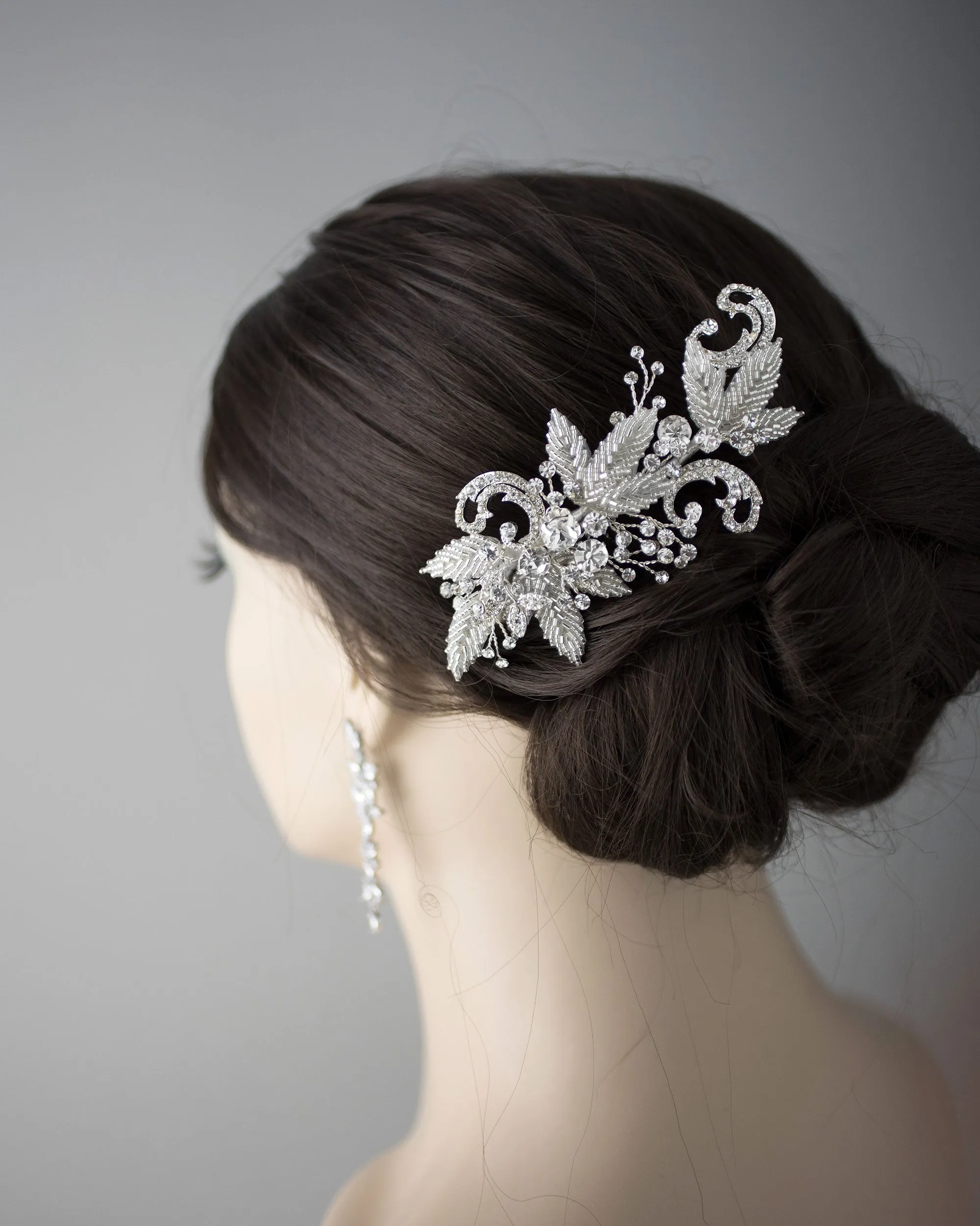 Silver Beaded Leaves and Crystal Scrolls Wedding Hair Comb