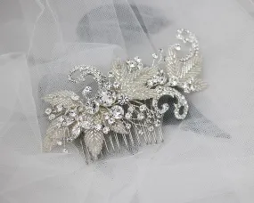 Silver Beaded Leaves and Crystal Scrolls Wedding Hair Comb