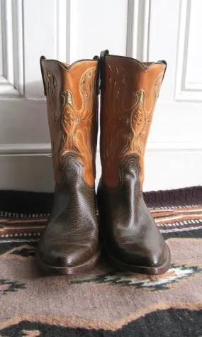 SPREAD YOUR WINGS 1960s Acme Two Tone & Gold Foil Inlay Men's Western Boots, Sz 12