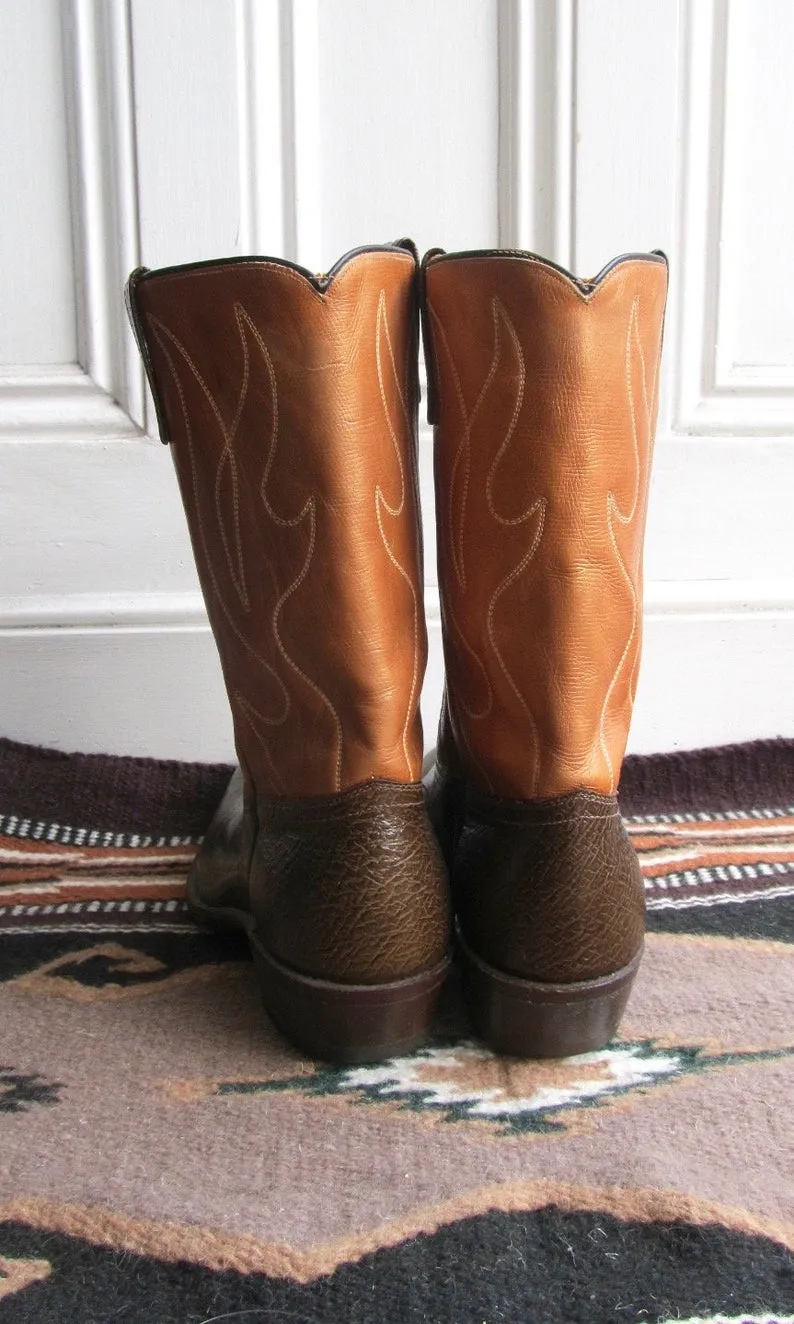 SPREAD YOUR WINGS 1960s Acme Two Tone & Gold Foil Inlay Men's Western Boots, Sz 12