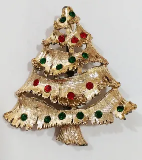 *VINTAGE '60s SPARKLING RED & GREEN RHINESTONE CHRISTMAS TREE PIN / BROOCH